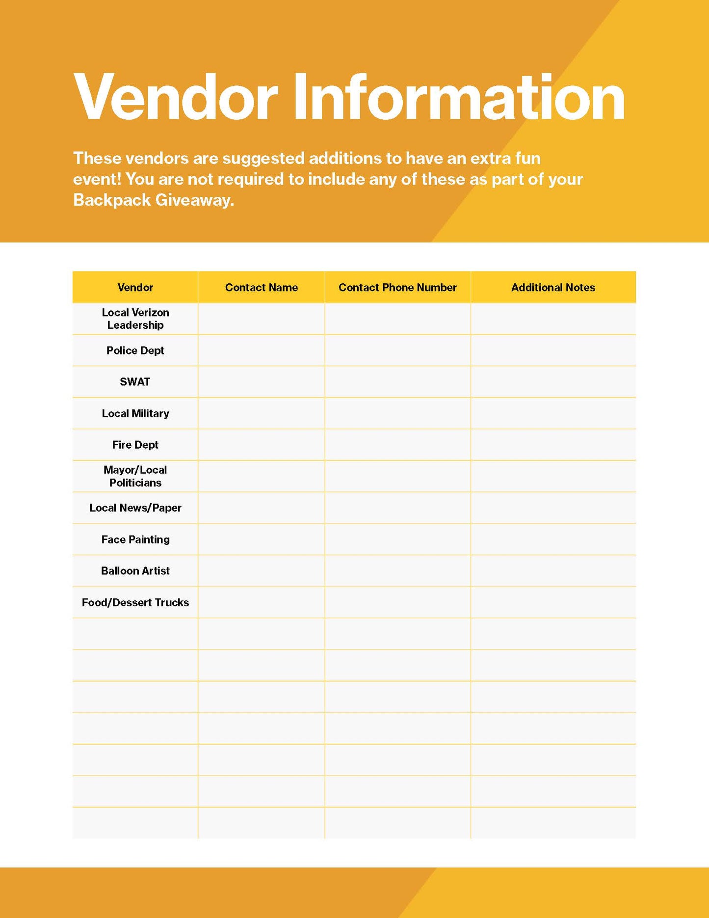 Wireless Zone / Backpack Giveaway Event Checklist